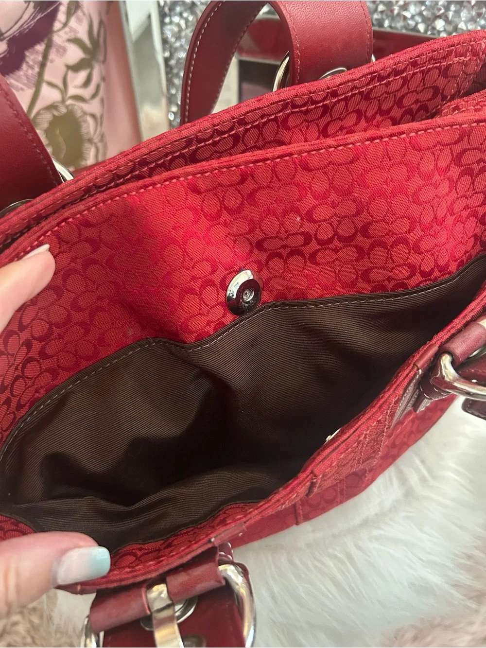 Y2K Vintage 2007 Coach SoHo Cherry Red Canvas Signature C Logo Tote Shoulder Bag